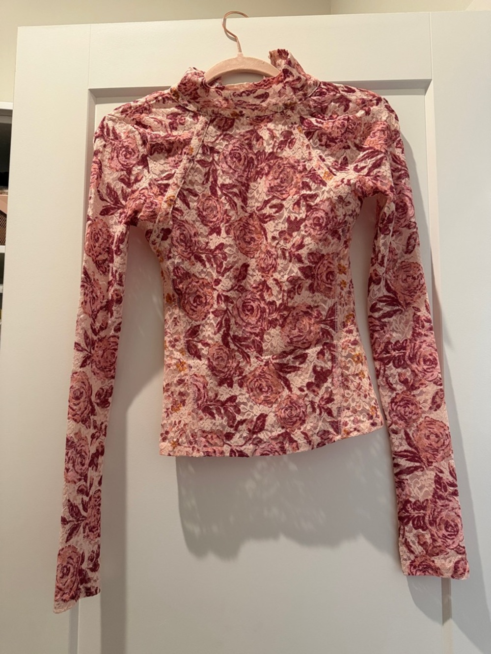 Free People Cream Floral Mock Neck Long Sleeve Top